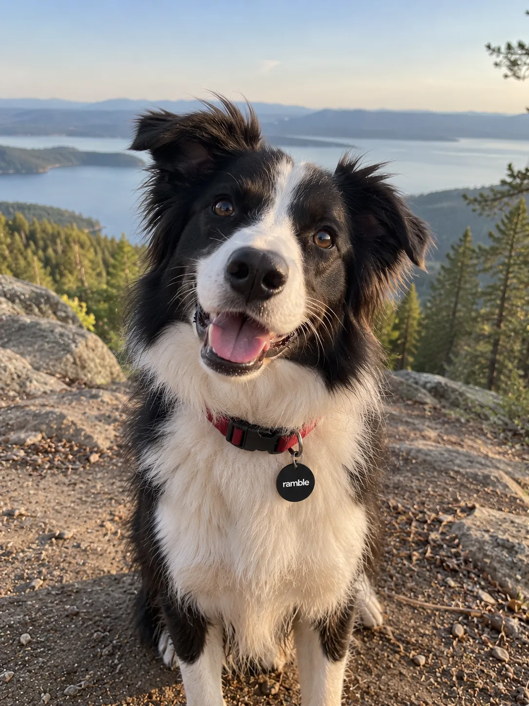 Border collie on a hilltop walk, wearing a Ramble tag